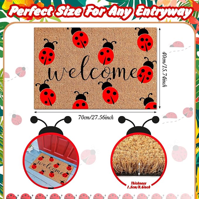 Ceenna Summer Ladybug Welcome Doormat Outdoor Ladybug Coir Rug with Non Slip Backing Summer Doormat Front Porch Rugs for Home Entrance Anniversary, 16 x 28 Inches