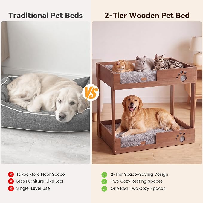BALAPET Wooden Bunk Dog Bed with 2 Memory Foam Beds | Modern Pet Furniture, Waterproof Liners, Washable Covers, 31.1 x 20.9 x 29.9 in, Bedside Window Perch, For Medium Dogs & Cats