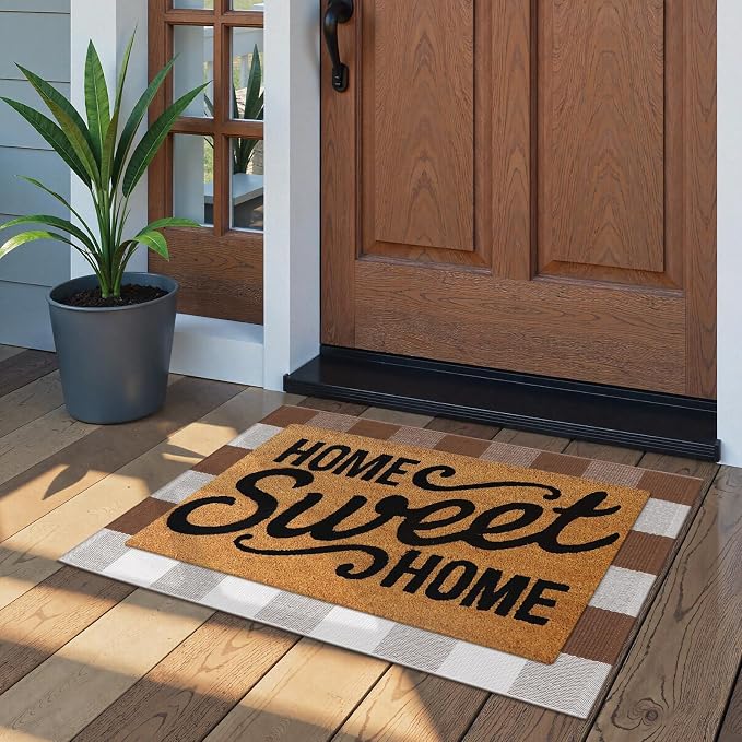Collive Buffalo Plaid Checkered Outdoor Rug, Fall Autumn Decor Door Mat, 2x3 Coffee and White Doormat Washable Front Porch Rugs, Layered Welcome Front Door Mat Outside Entrance Kitchen Bathroom