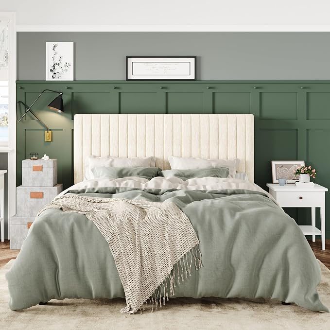 Allewie Full Bed Frame, Upholstered Platform Bed with Adjustable Vertical Channel Tufted Headboard, Mattress Foundation with Strong Wooden Slats, Box Spring Optional, Easy Assembly, Chenille White