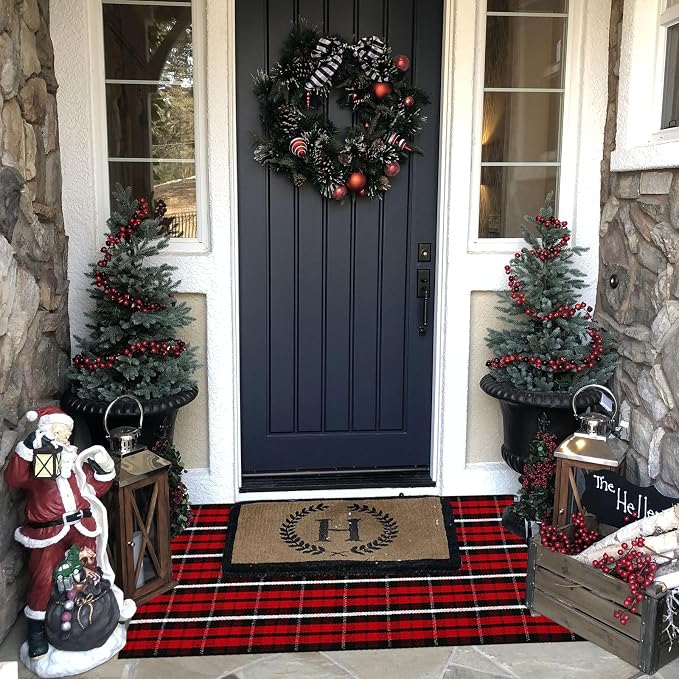 Bottalive Christmas Plaid Outdoor Rug, 2' x 4'3'' Red & Black Check Indoor/Outdoor Area Rug, Layering Rug for Hello/Welcome Door Mat, Machine Washable Cotton Woven Farmhouse Mat for Front Porch Décor