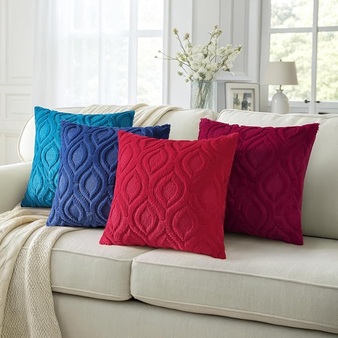 decorUhome Summer Throw Pillow Covers 18x18 Inch Set of 2, Soft Plush Faux Wool Navy Blue Solid Couch Pillow Covers, Accent Farmhouse Neutral Square Pillow Cases for Sofa Bed Living Room