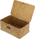 Hipiwe Small Woven Shelf Baskets Bin with Lid Seagrass Wicker Storage Box | Handmade Seagrass Basket Organizer Rectangular Household Basket Boxes for Shelf Wardrobe Home Decor, Caramel