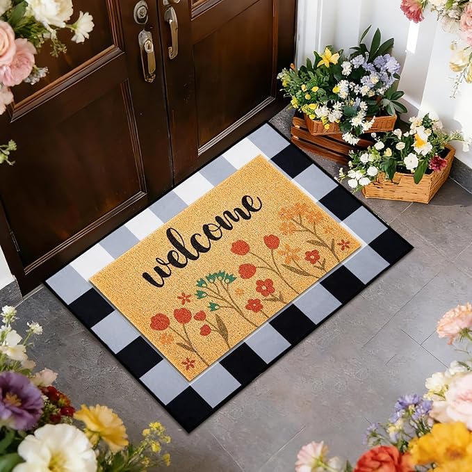 2 Pcs Spring Welcome Doormat Outdoor Entrance, Flower Non Slip Coir Mats, Black and White Check Doormat, Floral Spring Layering Door Mat for Home Indoor Porch Entry Decor 23.6 x 31.5 Inch
