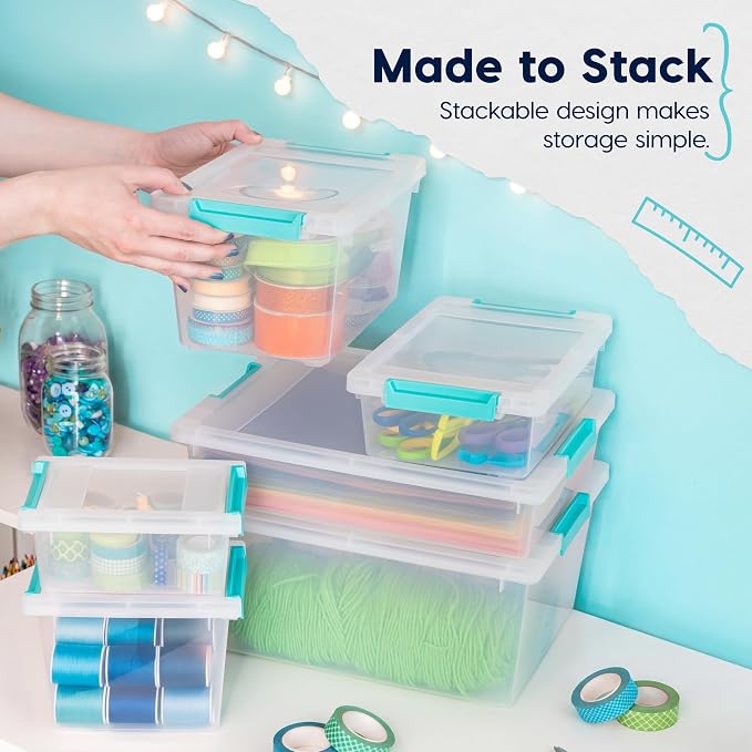 IRIS USA Storage Bins with Lids |Made in USA| 2 Qt Tall - (6-Pack) - Clear | Sensory Craft Organizers, Plastic Clip Box Totes, Flat Containers for Organizing Paper, Office, Art & Study Supplies