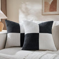 Fancy Homi Set of 2 Black White Decorative Throw Pillow Covers 20x20 Inch for Living Room Couch Bed Sofa, Farmhouse Boho Home Decor, Soft Cross Corduroy Patchwork Accent Square Cushion Case 50x50 cm