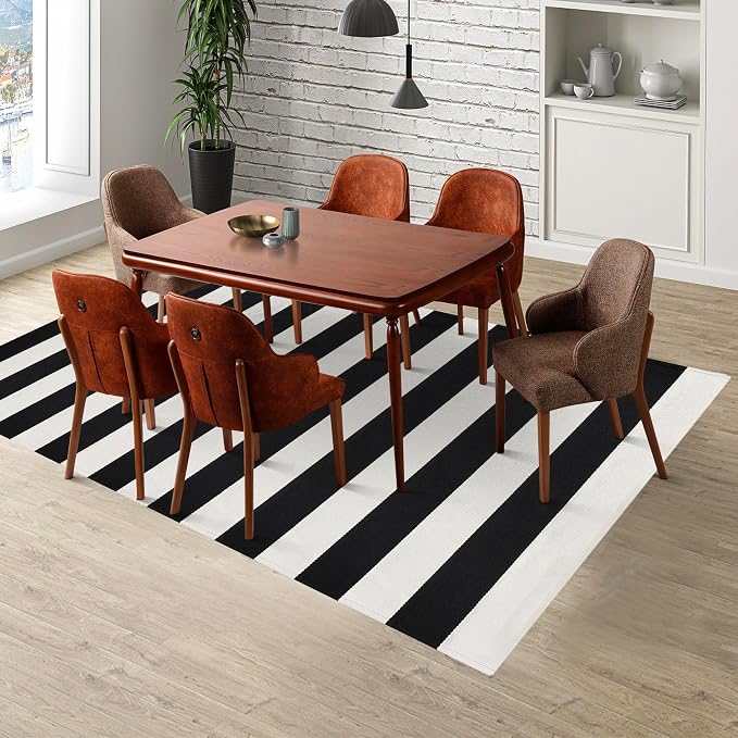 Black and White Striped Rug 4x6 Cotton Woven Farmhouse Indoor Outdoor Area Rug Washable Front Porch Decor Carpet for Living Room Bedroom Dining Room Patio
