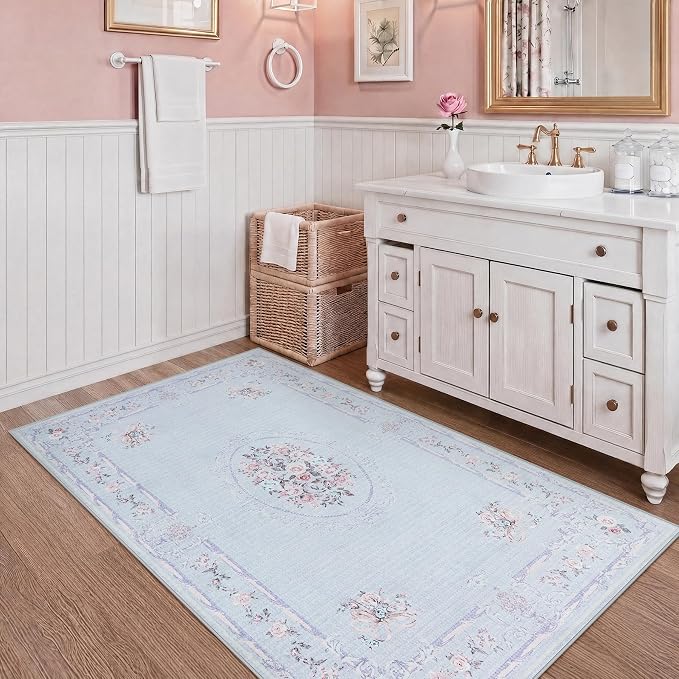 Tribesigns Bow Floral 3x5 Blue Rugs for Entryway Front Door, Non-Slip Small Bedroom Kitchen Area Rugs, Soft Low Pile Boho Rose Medallion Carpet for Bathroom Living Room, Blue/3x5