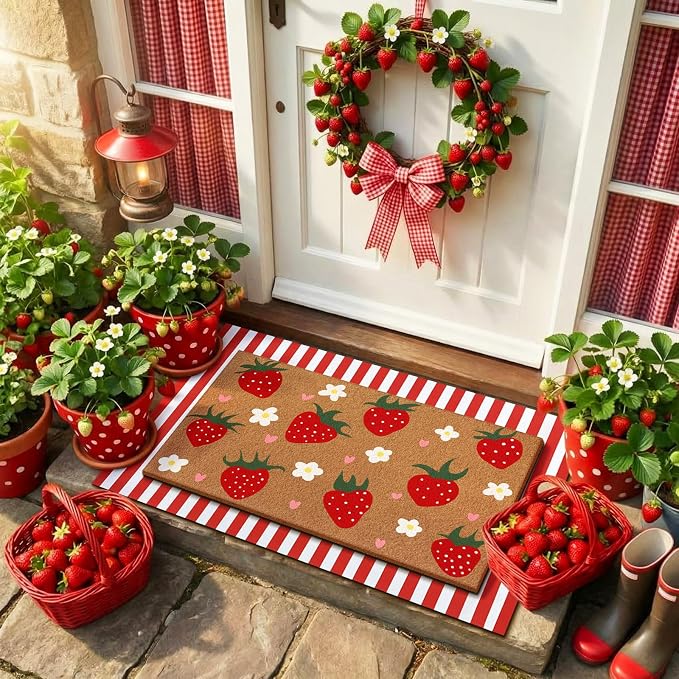 Tinideya 2 Pcs Strawberry Door Mat Summer Welcome Non Slip Coir Fruit Pattern Mats Floor Layering Red and White Stripe Doormats Seasonal for Front Porch Entryway Decor(Strawberry)