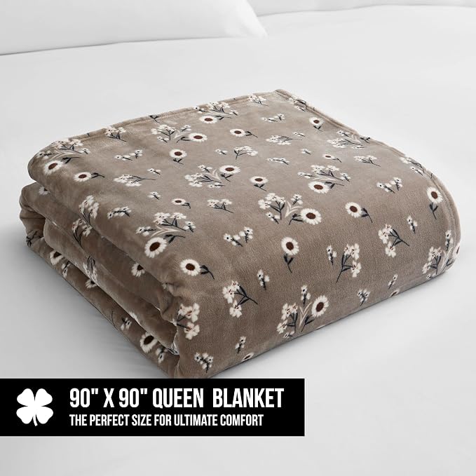 Lucky Brand Daisy Beige Floral 90"X90" Cozy Plush Blanket - Premium Microfiber Throw for Luxurious Comfort and Style Full/Queen Size