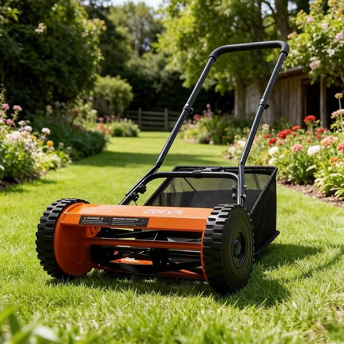 Zoryx 14-Inch 5-Blade Push Reel Lawn Mower, Manual Reel Walk Behind Mower with 5-Position Height Adjustment, Alloy Steel Blades, Quiet, Lightweight, Motorless for Small Yard