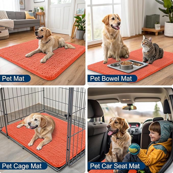 Smiry Dog Door Mat for Muddy Paws 36x24, Absorbent Dirt Trapper, Non-Slip Washable Chenille Entryway Rug for Inside Floor, Coral, Classic Solid