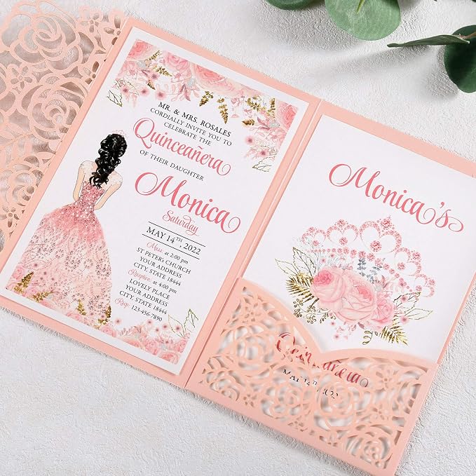 50PCS Personalized Pink Quinceanera Invitations with Envelopes | 4.7x7 inch, Laser Cut Hollow Rose Pocket, Invitation Cards for Miss XV, Sweet 16, 18th Birthday, Quince Invite
