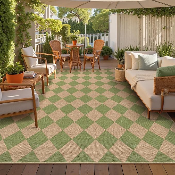 Lahome Checkered Easy Jute Living Room Rug, 8x10 Outdoor Rugs Washable | Farmhouse Natural Non Slip Green Area Rug, Non Shedding Carpet for Indoor Patio Porch Deck Sunroom Dining Room Classroom