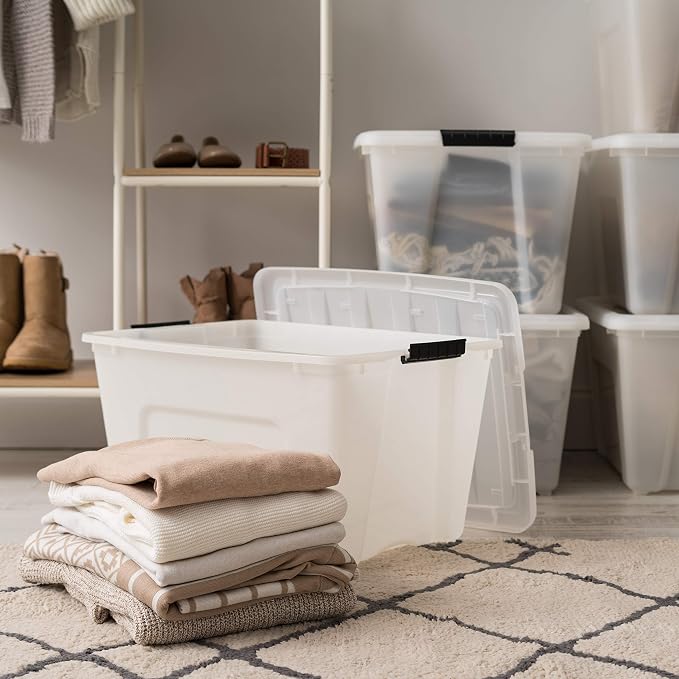 IRIS USA 6-Pack 54 Quart Storage Bins with Lids, Pearl | Conceals contents for a clean look. Perfect for moving, blankets, clothing, and garage storage. Nestable design saves space