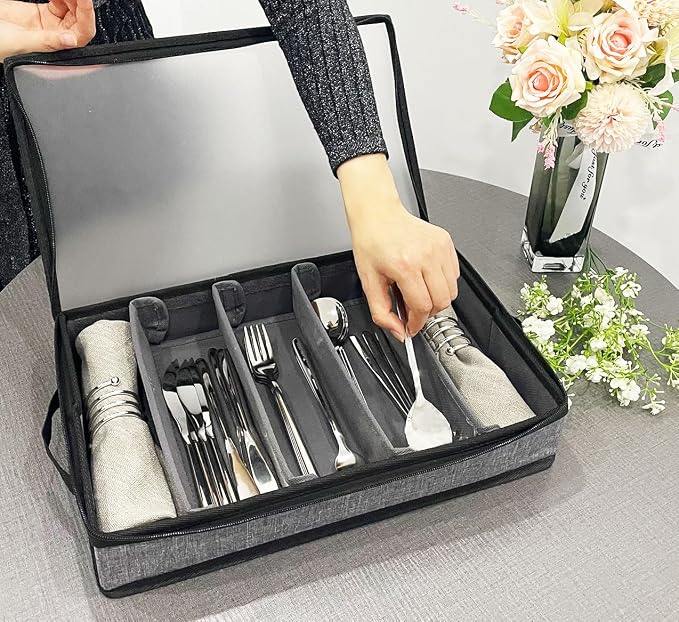 Silverware Organizer Chest,Silverware Storage Box,Stackable Flatware Storage Case,Spoon Organizer,Tableware Storage Box With 4 Dividers for Moving Transport,Kitchen Utensil cutlery Organizer | Silverware Box,Poon Organizer,Tableware Storage Box With 4 ...