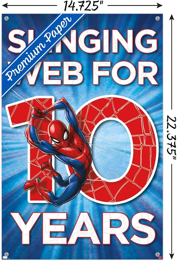 Trends International Marvel Spider-Man - Happy 10th Birthday Wall Poster, 14.72" x 22.37", Premium Poster & Push Pin Bundle
