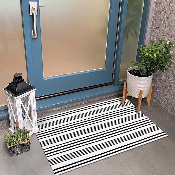 OJIA Front Door Mat 24"x35" Welcome Mat Black and White Outdoor Rug Doormat | Cotton Woven Front Door Rug Washable Indoor Door Mat Outside Entrance Striped Rug for Fall Porch Decor/Farmhouse/Entryway
