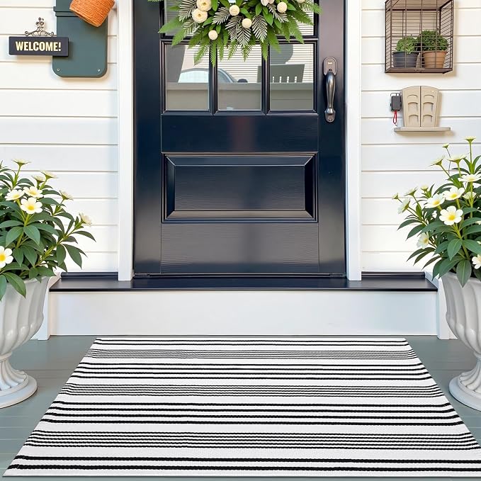 OLANLY Black White Modern Striped Rug 3' x 5' – Washable Cotton Indoor Outdoor Doormat for Front Door, Entryway, Kitchen, Porch, Patio Decor