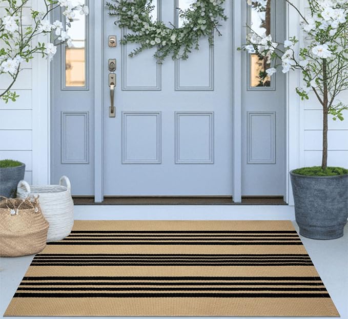 Striped Layered Doormat 27.5"x43",Tan and Black Front Porch Rug Cotton Woven Washable Farmhouse Entryway Rug Indoor Outdoor Front Door Mat for Porch/Entryway/Home Entrance Decor