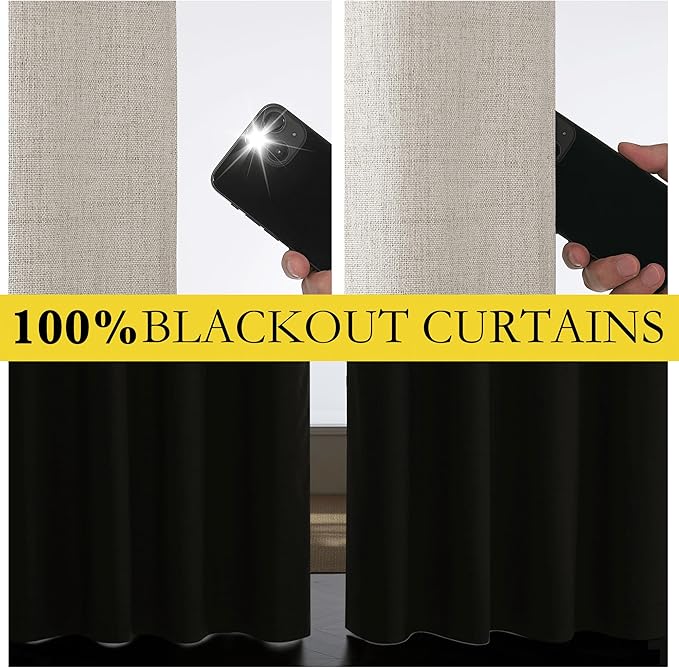 NICETOWN Brich Vintage Open Linen Weave Flax Thermal Curtains, 100% Blackout Curtains 90" Long for Dining Room, Soundproof Window Treatment Drapes for Hall Room, 42" Wide Per Panel, Set of 2