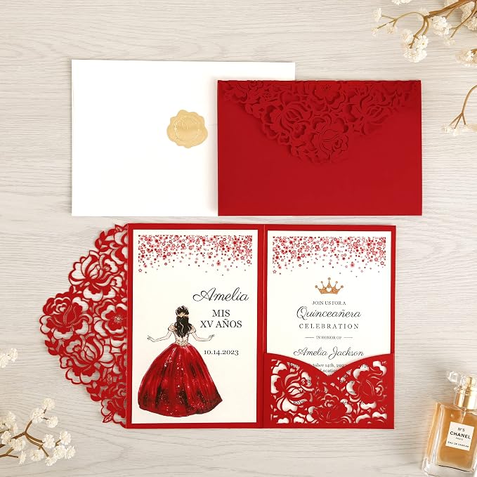 DORIS HOME 50Pcs Personalized Laser Cut Quinceanera Invitations, Red | 4.7"x7.1", Customized Quince Invitations, For 15th Birthday, Sweet 16, With Envelopes