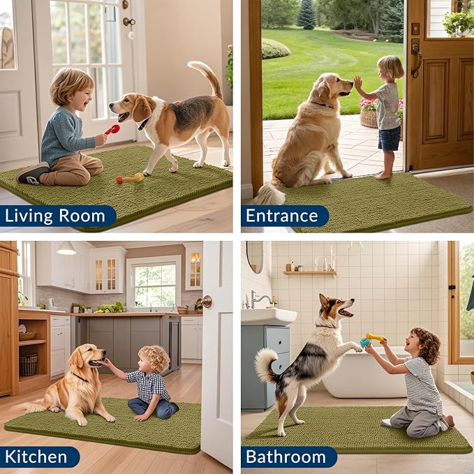Smiry Dog Door Mat for Muddy Paws 47x24, Absorbent Dirt Trapper, Non-Slip Washable Chenille Entryway Rug for Inside Floor, Willow Green, Classic Solid