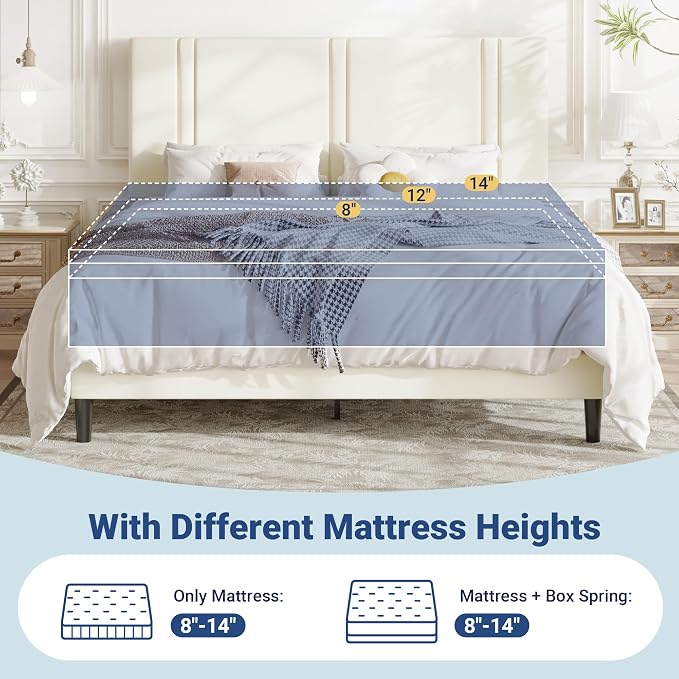 Allewie California King Size Platform Bed Frame with Adjustable Headboard | Plush Velvet Upholstered, Vertical Channel Tufted, Sturdy Wood Slats, No Box Spring Needed, Easy Assembly, Cream