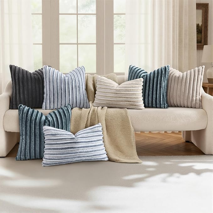 decorUhome Cozy Faux Fur Throw Pillow Covers 20x20 Set of 2 Decorative Soft Plush Striped Modern Farmhouse Boho Couch Pillow Cases with Velvet Back for Sofa Bed Living Room, Blue Grey