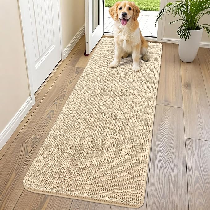 Smiry Dog Door Mat for Muddy Paws 70x24, Absorbent Dirt Trapper, Non-Slip Washable Chenille Entryway Rug for Inside Floor, Beige, Classic Solid