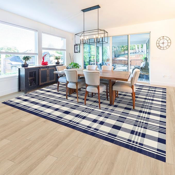 Buffalo Plaid Rug 8x10 Cotton Buffalo Check Rug Navy and Off White Woven Retro Checkered Outdoor Carpets Washable Indoor Outdoor Area Rug for Living Room Bedroom Farmhouse Patio