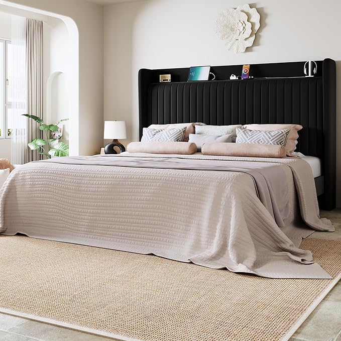 Allewie King Size Platform Bed Frame with USB Charging Station and Storage Shelf/Upholstered Velvet Wingback Headboard/Wooden Slats Support/No Box Spring Needed/Easy Assembly, Black