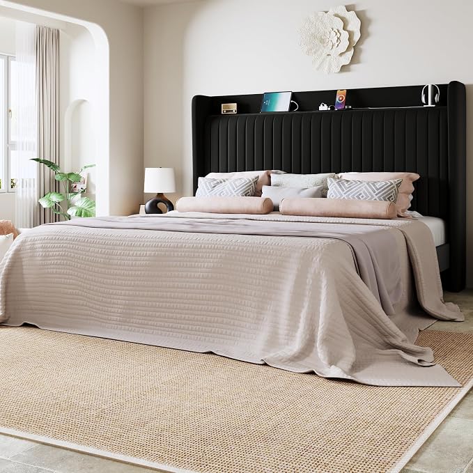 Allewie Queen Size Platform Bed Frame with USB Charging Station and Storage Shelf/Upholstered Velvet Wingback Headboard/Wooden Slats Support/No Box Spring Needed/Easy Assembly, Black