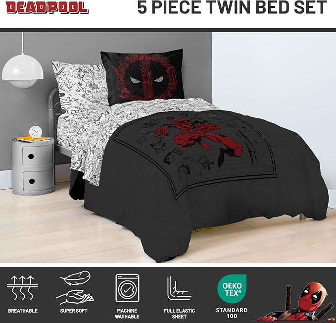 Marvel Deadpool Twin Comforter Set 5 Piece Soft Bedding for Boys, Gray | Bed in a Bag, Comforter Sheets Sham Pillowcase, Official Product, Soft Microfiber, Machine Washable, Boys Gift