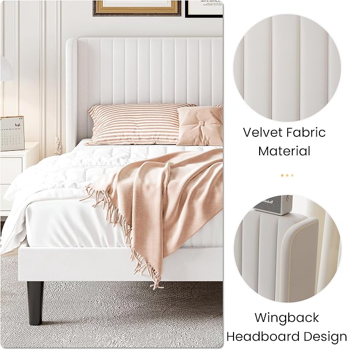 SHA CERLIN Queen Size Velvet Bed Frame, Tufted Wingback Headboard, White | 47'' Modern Vertical Channel Headboard, Upholstered Platform Bed, Wood Slats, No Box Spring Needed, Easy Assembly, Noise Free
