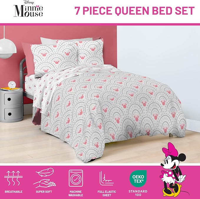 Disney Minnie Mouse Queen Comforter Set 7 Piece Bedding for Girls, Grey | Bed in a Bag, Comforter Sheets Shams Pillowcases, Official Product, Soft Microfiber, Machine Washable, Girls Gift