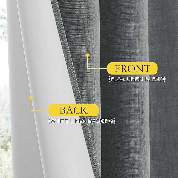 NICETOWN 100% Absolutely Blackout Linen Curtains with Thermal Insulated White Liner, 62" Wide, 2 Panels, 84" Long Drapes, Grommet Retro Dove Grey Linen Curtains Vertical Drapes Privacy for Bedroom