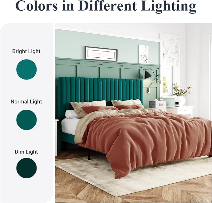 Allewie Full Bed Frame, Velvet Upholstered Platform Bed with Adjustable Vertical Channel Tufted Headboard, Mattress Foundation with Strong Wooden Slats, Box Spring Optional, Easy Assembly, Teal