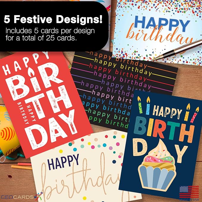 25 Happy Birthday Cards with Envelopes for Business, Family (Variety Set) | 5 Designs, Bulk 25 Pack, Birthday Greeting Card Set, 5x7 in, A7, Office, Employees, Work, Coworker, Client, Team, USA, VP2410