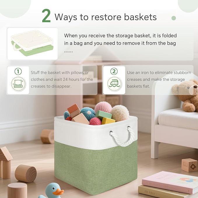 FinishingBo 11 inch Cube Storage Bin with Handles 6 Pack | Foldable Basket, Fabric Storage Bins, Closet Storage, Home Organizer (White/ Green)