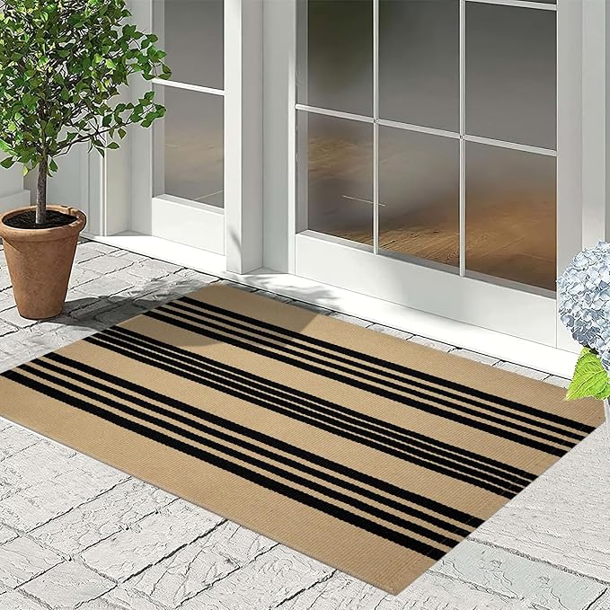 Front Outdoor Door Mat 2'x3',Khaki and Tan Striped Outdoor Rug Machine Washable Cotton Layered Door Mat Entryway Throw Rug for Indoor Entrance