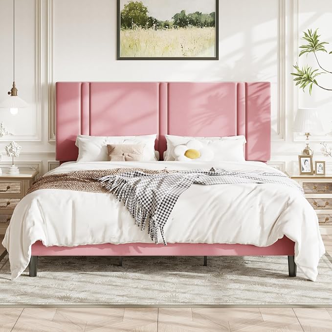 Allewie King Size Platform Bed Frame with Adjustable Headboard | Plush Velvet Upholstered, Vertical Channel Tufted, Sturdy Wood Slats, No Box Spring Needed, Easy Assembly, Pink