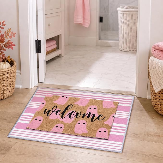 2 Pcs Pink Ghost Halloween Welcome Doormats, 16 x 24 in Welcome Ghost Door Mat and 24 x 32 in Pink White Striped Layering Rug, Cute Fall Porch Decor for Entryway Patio Kitchen Bathroom Floor