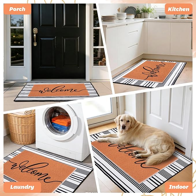 2pcs Layered Doormat Set, Welcome Door Mat for Outdoor Front Door, 16x24 PVC Coil & 24x32 Crystal Velvet Non-Slip Layering Entry Mats for Farmhouse Porch Decoration（Welcome, Buffalo Plaid