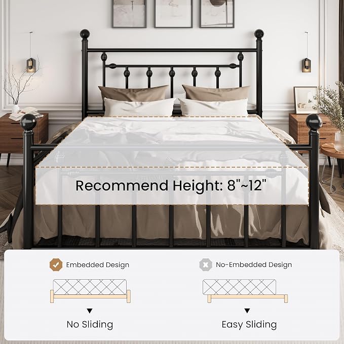 SHA CERLIN 14" Queen Size Metal Platform Bed Frame/Victorian Headboard and Footboard/Steel Slats Mattress Foundation for Storage/No Box Spring Needed/Noise Free/Black