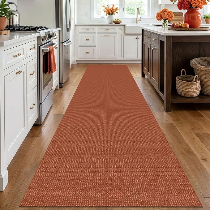 IOHOUZE Washable Runner Rug 3x12 Non Slip Rubber Backed Extra Long Hallway Runner Entryway Runner Indoor, Kitchen Rugs Woven Cotton Floor Carpet for Hall Entrance, Burnt Orange/Tan