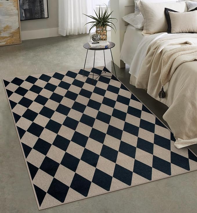 Rugalia Easy Jute 5x7 Outdoor Patio Rug, Washable Black Checkered Rugs for Living Room, Non-Slip Farmhouse Diamond Outdoor Mat Neutral Abstract Floor Carpet for Patio Dining Room Backyard