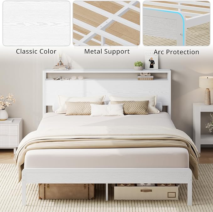 LIKIMIO Queen Bed Frame with 2-Tier Storage Shelf Headboard | Wood Platform Bed, Camas Queen with Strong Metal Supports, Sturdy, Noise-Free, No Box Spring Needed, White