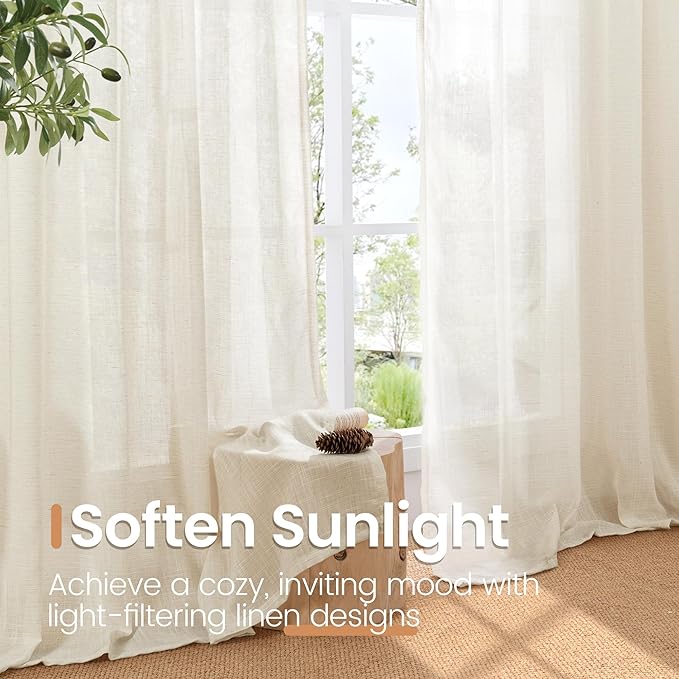 BGment Beige Linen Curtains 63 Inch Length for Living Room - Cream Semi Sheer Drapes Rod Pocket Rustic Natural for Bedroom Country Decorative Light Filtering, 2 Panels, Each Panel 52 Inch Wide