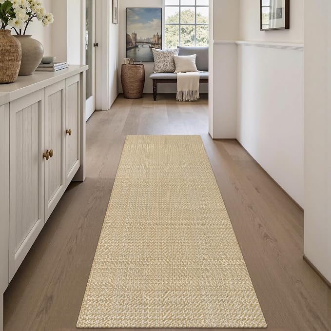 Rugalia Washable Woven Indoor Outdoor Runner Rug, 2x5 Natural Beige Cotton Rug Runners for Hallway Non-Slip Entryway Runner Rugs, Modern Neutral Throw Carpet for Kitchen Porch Entrance